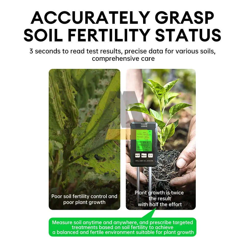 Probador de suelo 6 en 1, PH, temperatura, humedad, fertilidad, luz solar, alta precisión, jardinería doméstica, herramienta de plantación de bonsái