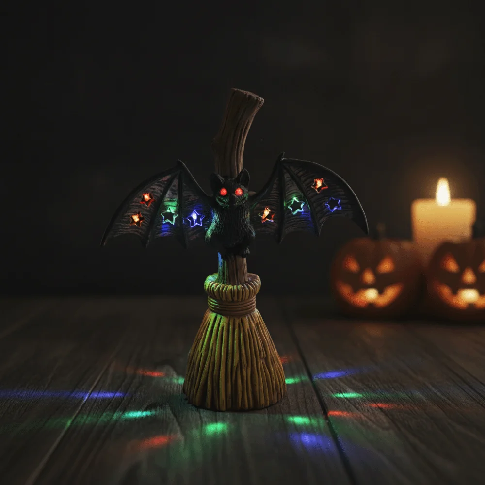 Resin Made Bat Broom Light Button Cells Battery Power Warm Glow Spooky Desk Lamp Lightweight Retro Style Halloween Nightlight