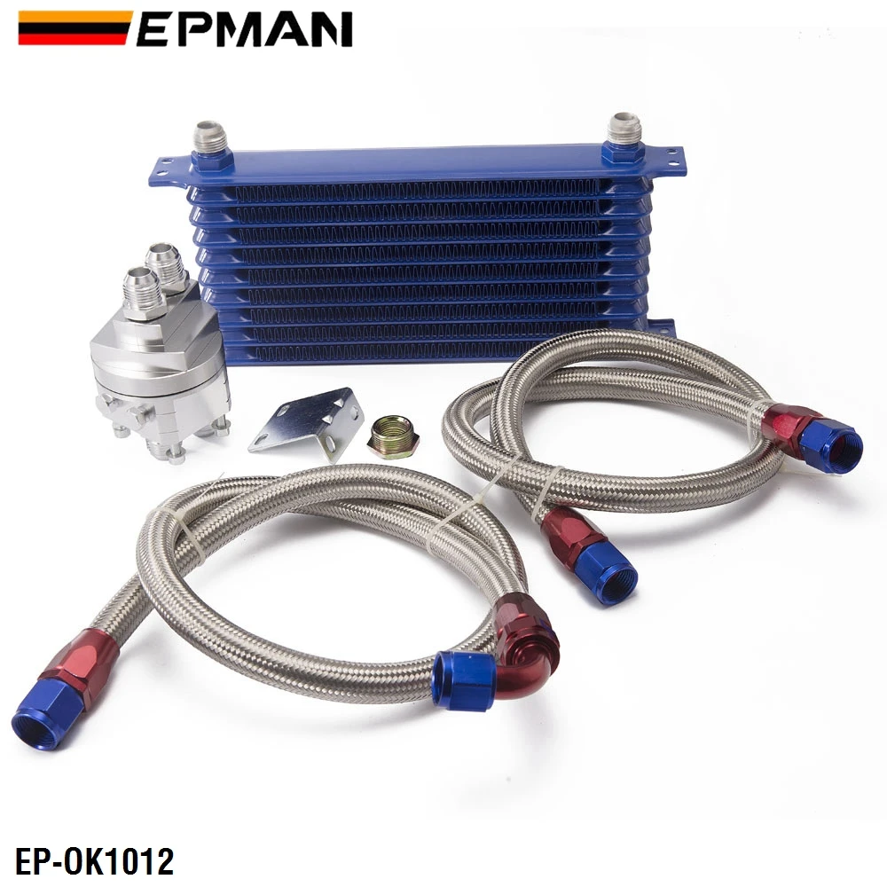 

EPMAN 10 ROW Oil Cooler Kit With Oil Filter Cooler Sandwich Adapter and Braided Stainless Steel Hose AN10 End Fittings EP-OK1012