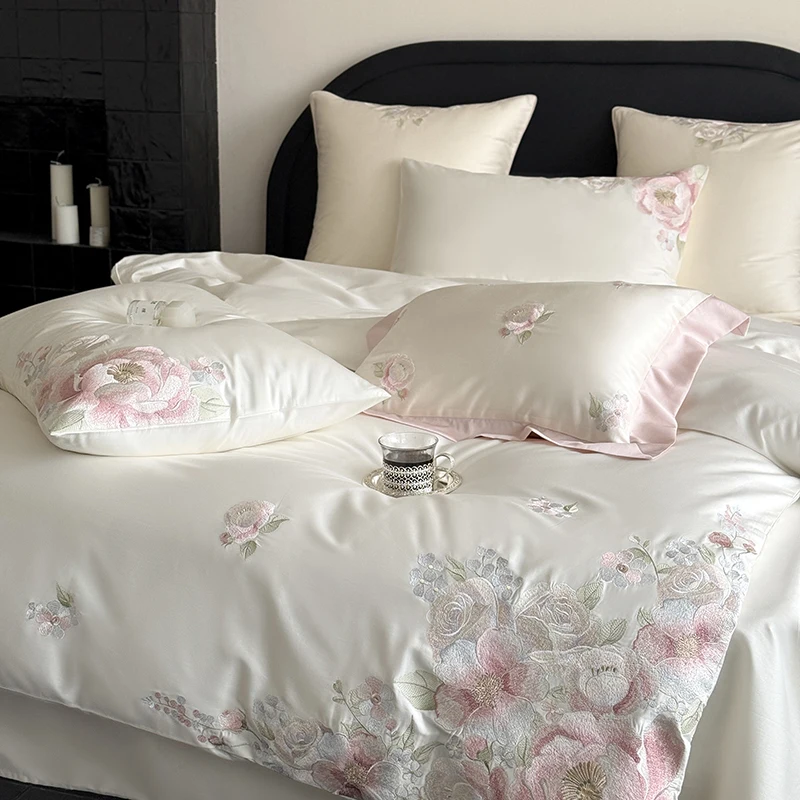 

Flowers Embroidery Luxury Bedding Set Egyptian Cotton Single Queen King Size Duvet Cover Flat/Fitted Bed Sheet Pillowcases 3/4Pc