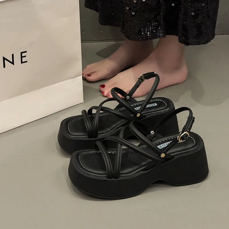 Women High Heels Party Shoes Chunky Sandals 2025 New Summer Cross Tied Sexy Pumps Rome Ladies Shoes Heel Slippers Mujer Zapatos image 6