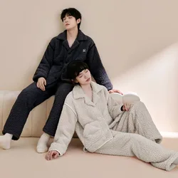 Couple Pajamas for Men Fleece Winter Sleepwear Korean Sleeping Night Wear Solid Pijama 2 Pcs Pants Sets Warm Pocket Home Suit