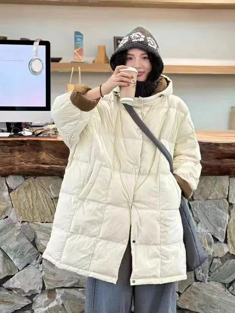 Halflange donsjas met capuchon Winter Vrouwelijke dikke warme patchworkjassen Dames Witte eendendons Parker Outwears met enkele rij knopen