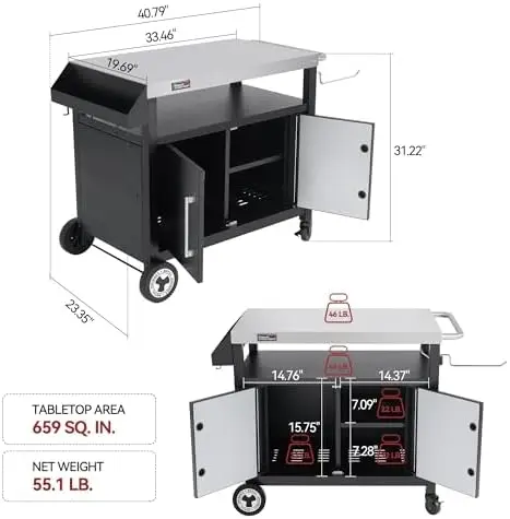 Outdoor Grill Cart with Wheels, Movable Kitchen Island with Storage Cabinet for BBQ, Stainless Steel Dining Cart Table