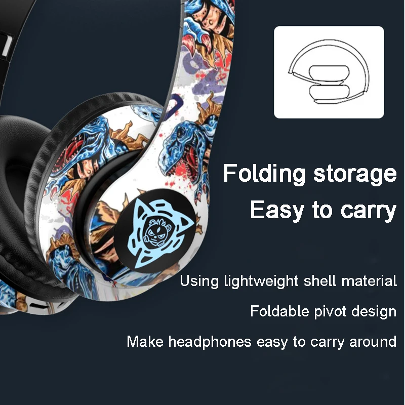 Graffiti Foldable Bluetooth Headphones Llluminated Wireless Noise Canceling Bass Headset Game Earphone With Mic For Kids Gifts