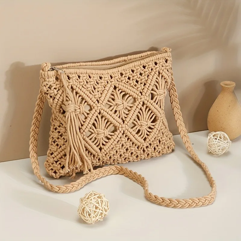 Handmade Bohemian Woven Rope Crossbody Bag with Tassel Detail, Summer Beach Clutch Shoulder Bags for Women, Geometric Design view 2