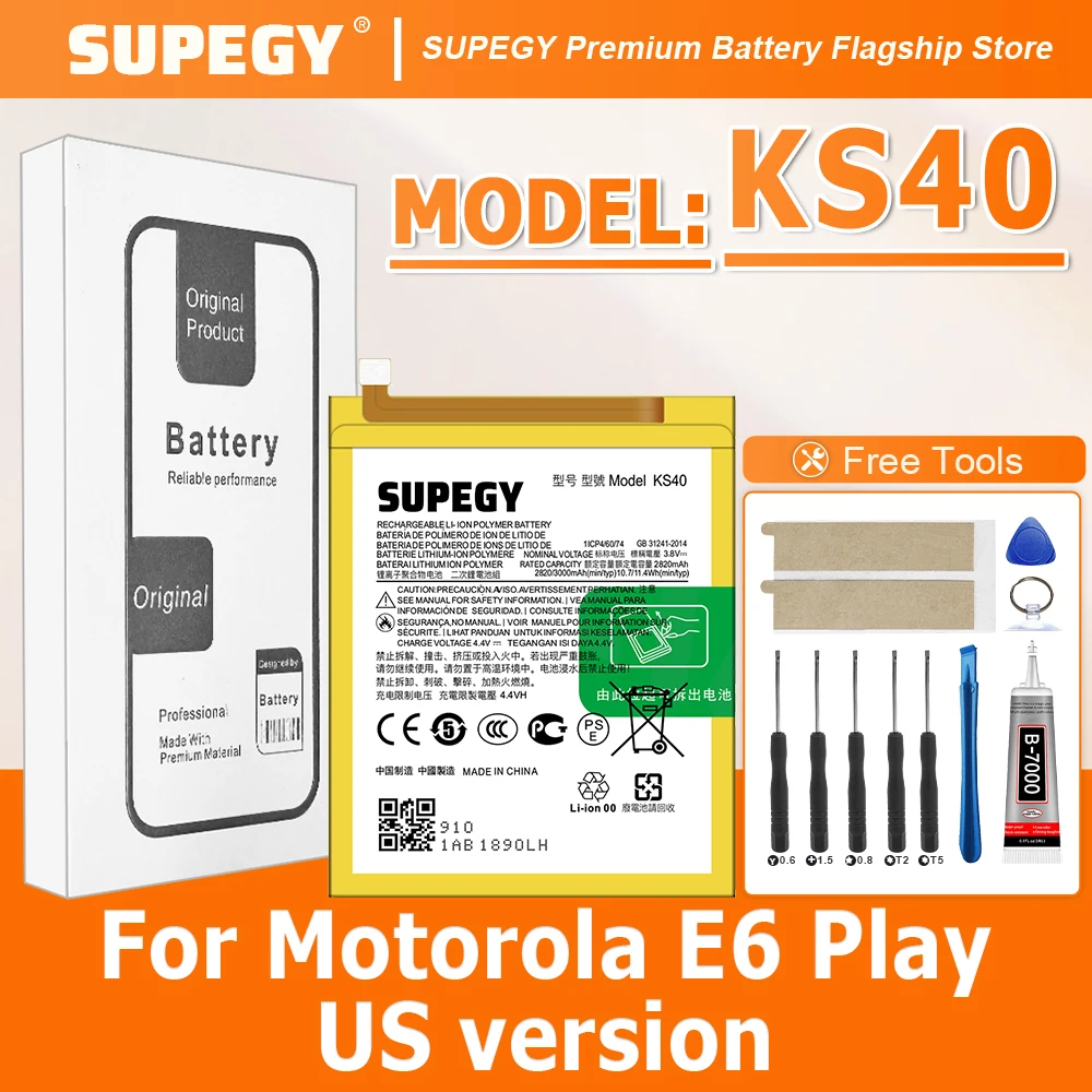 100% New Battery KS40 left For Motorola E6 Play US version /KS40 right For E6Play European version Battery + Free Tools
