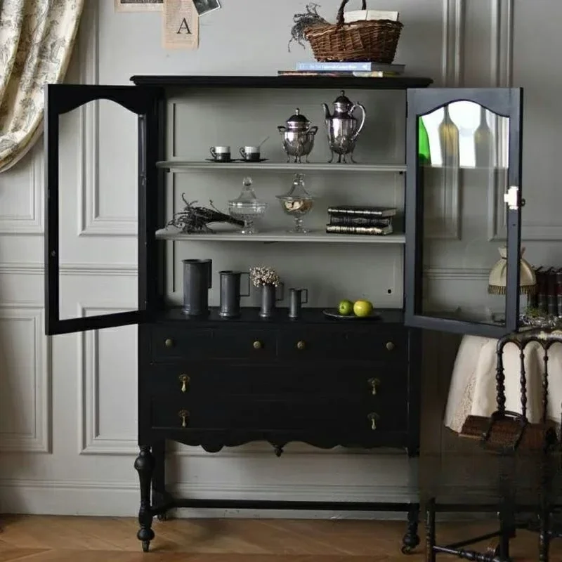French retro solid wood American country living room wall glass display cabinet