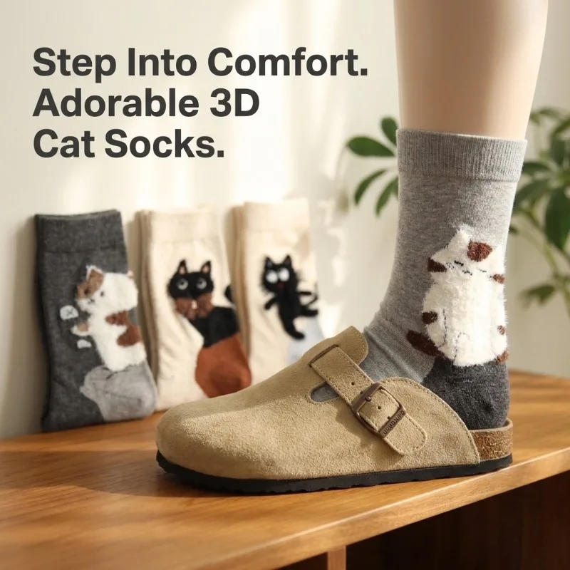 3D Plush Cat Socks for Women,Cute Cartoon Animal Crew Socks,Soft Breathable Cotton Casual Socks for Daily Wear,Home,Outdoor,Gift