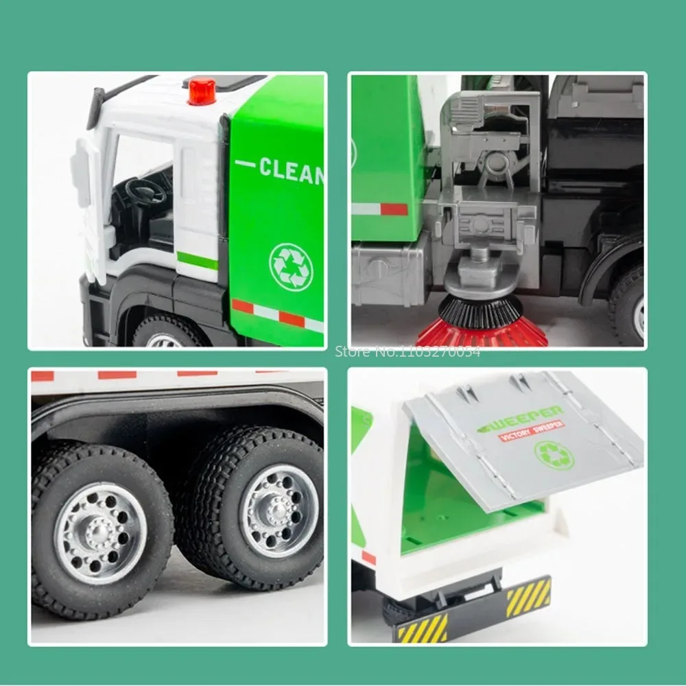 1/32 City Environmental Sanitation Sweeper Alloy Diecast Toy Car Model Sound Light Door Can Opened Elevated Vehicle For Kid Gift