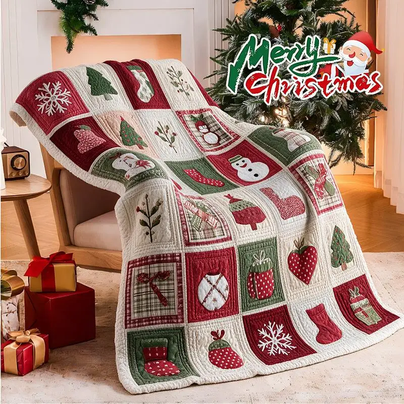 Christmas Flannel Blanket Snowflake Christmas Trees Prints Patchwork Design Flannel Blanket Soft Cozy Festival Gift Xmas Decor