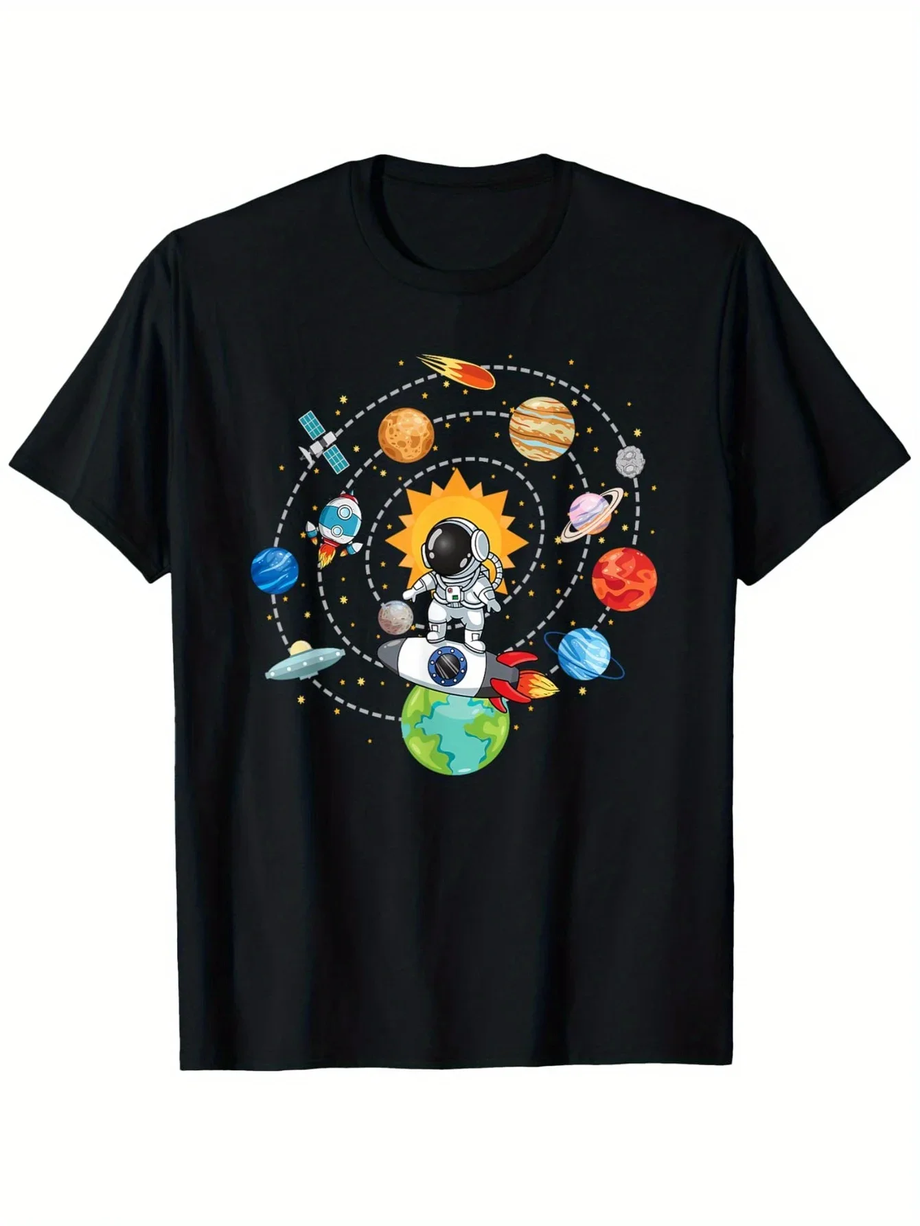 

Astronaut Solar System Planets Graphic Tee Cotton Round Neck Unisex Short Sleeve Science T-Shirt