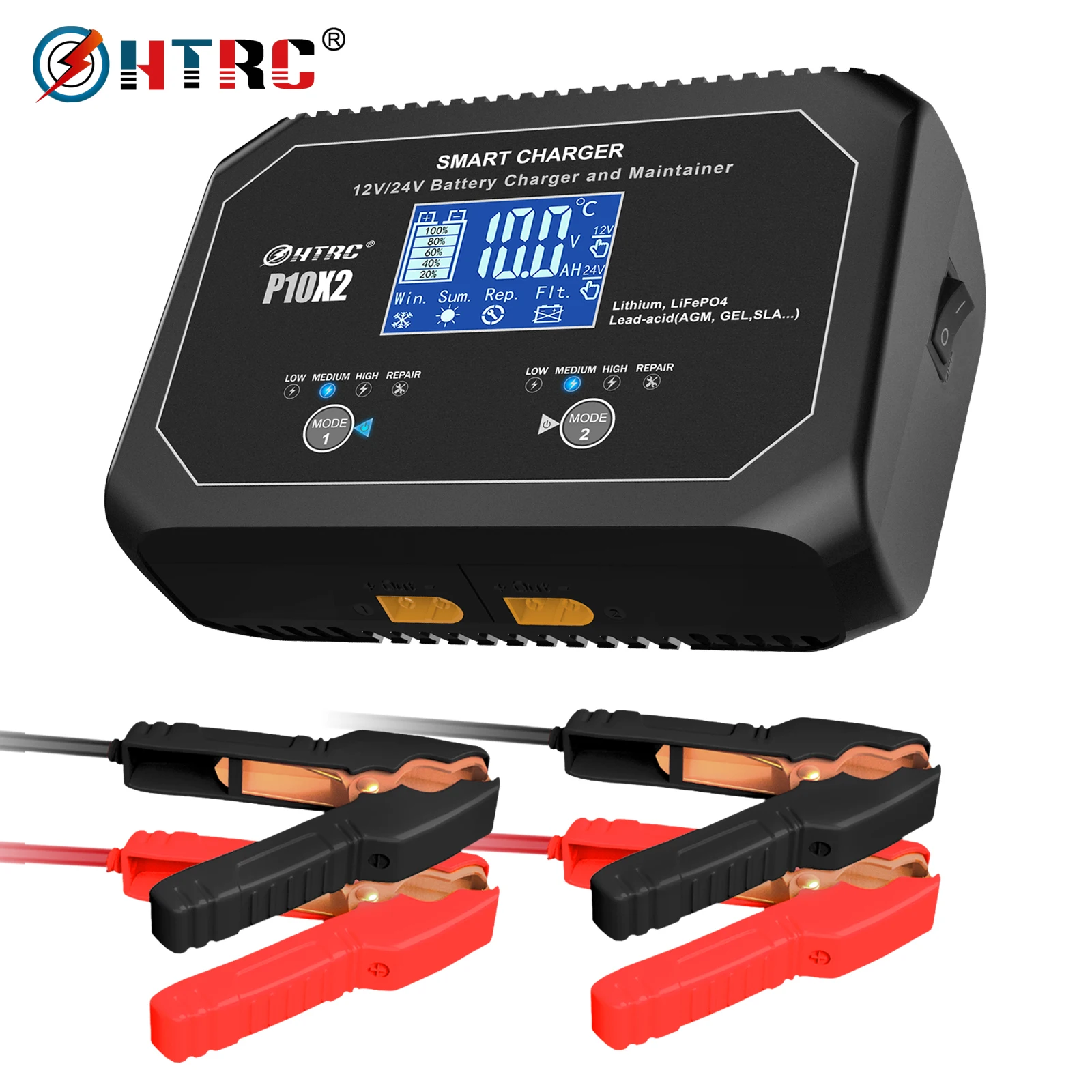 

HTRC 12V-24V 10AX2 Dual Smart Battery Charger for Auto Moto Lead Acid AGM GEL PB Lithium LiFePO4 LCD Display Battery Repair