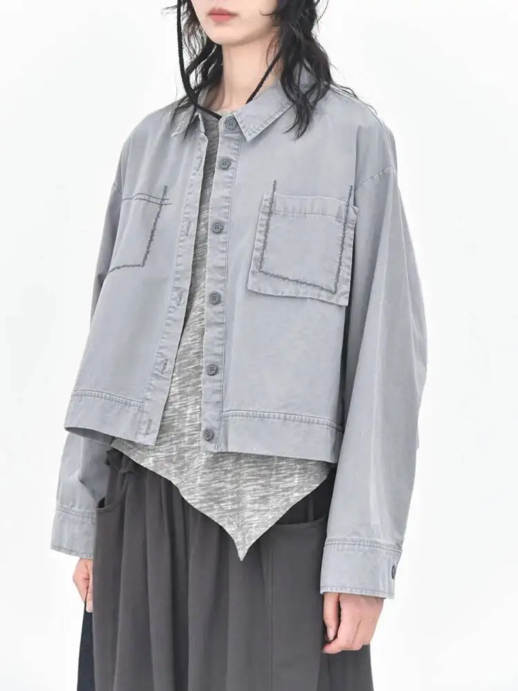 

Gray Women Light Topstitched Denim Big Size Blouse New Lapel Long Sleeve Shirt Fashion Spring Autumn 2026 4ZWE