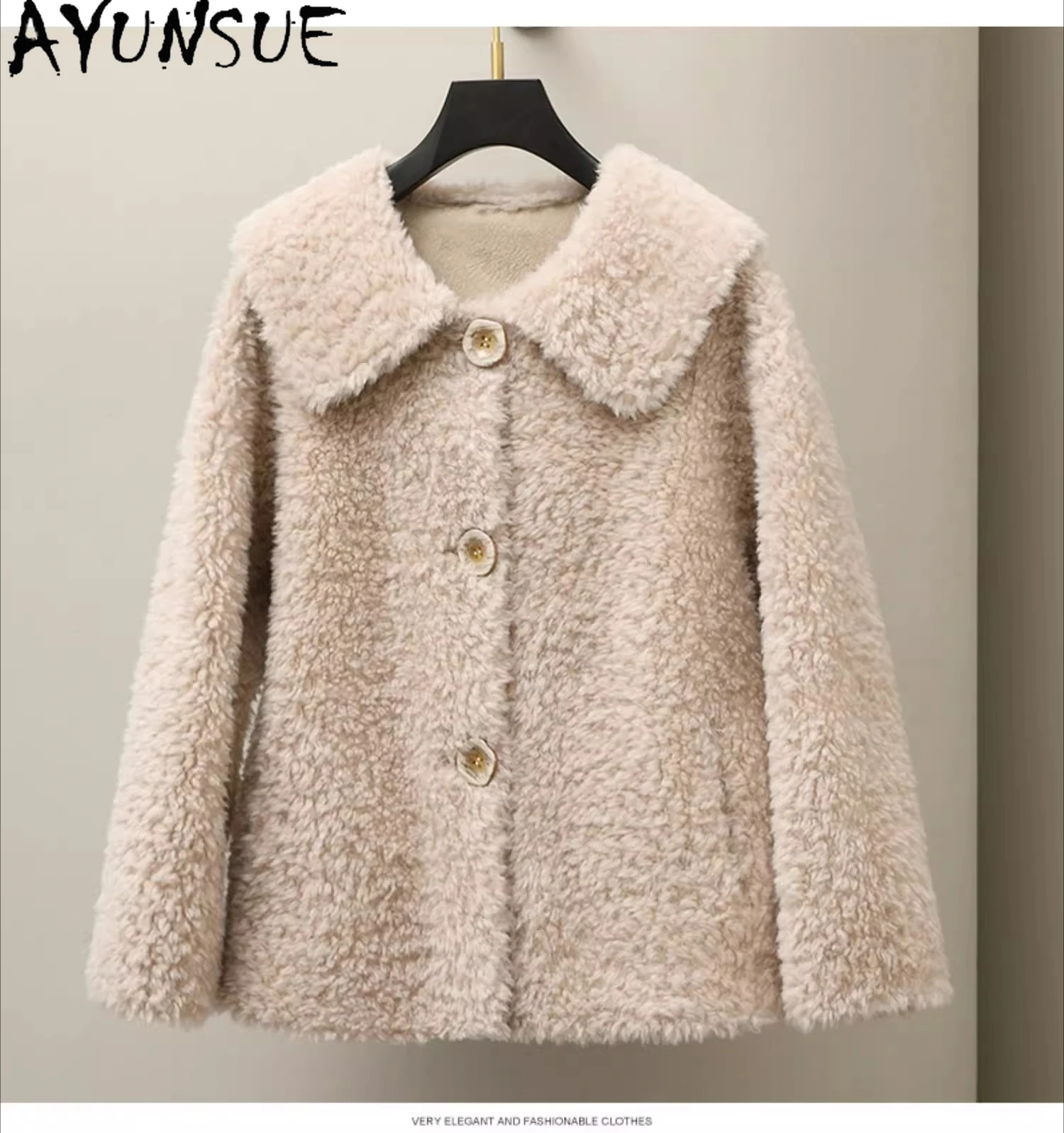 เสื้อโค้ทขนแกะแท้ 100% ยี่ห้อ AYUNSUE สำหรับผู้หญิง คอลเลคชั่นฤดูหนาว 2025 เสื้อโค้ทขนแกะแท้แบบผสมขนสัตว์เทียม