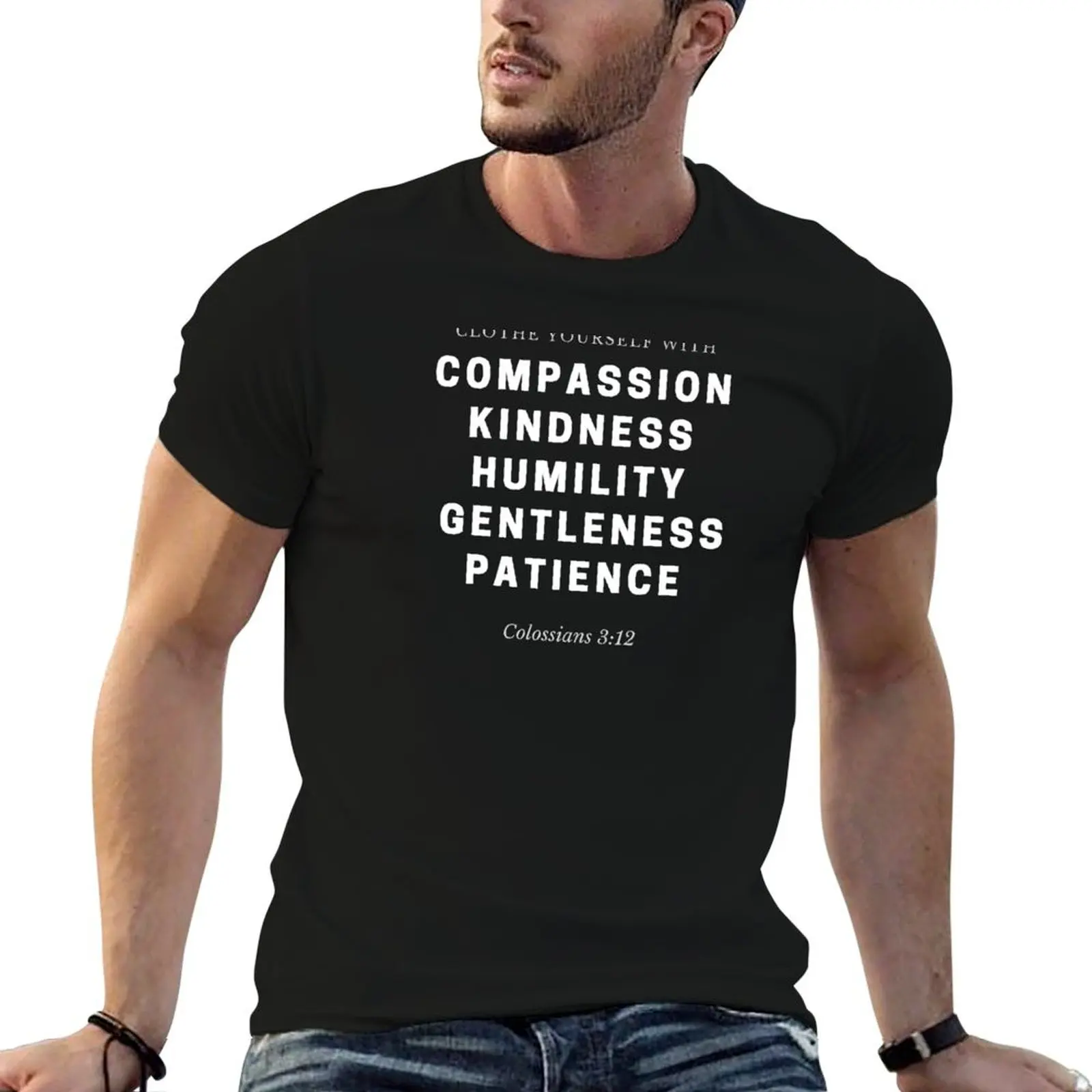 Compassion, bonté, humilité, douceur et patientie (Colossiens 3:12) T-shirt biblique chrétien, tenue décontractée pour tous les jours