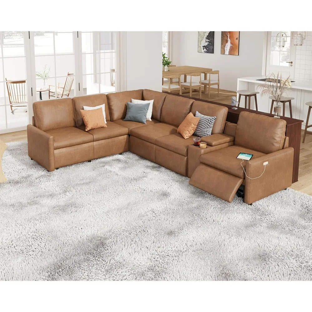 

Reclining Sectional Sofa with Console& Single Recliner, 6 Seats L Shaped Couch with Cup Holder& Charging Port, Reclining sofas