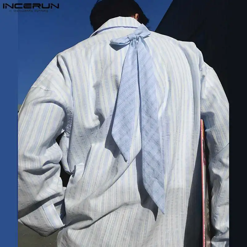 INCERUN Men Shirt Striped Patchwork Lapel Long Sleeve Loose Korean Men Clothing Streetwear 2024 Fashion Casual Male Shirts S-5XL