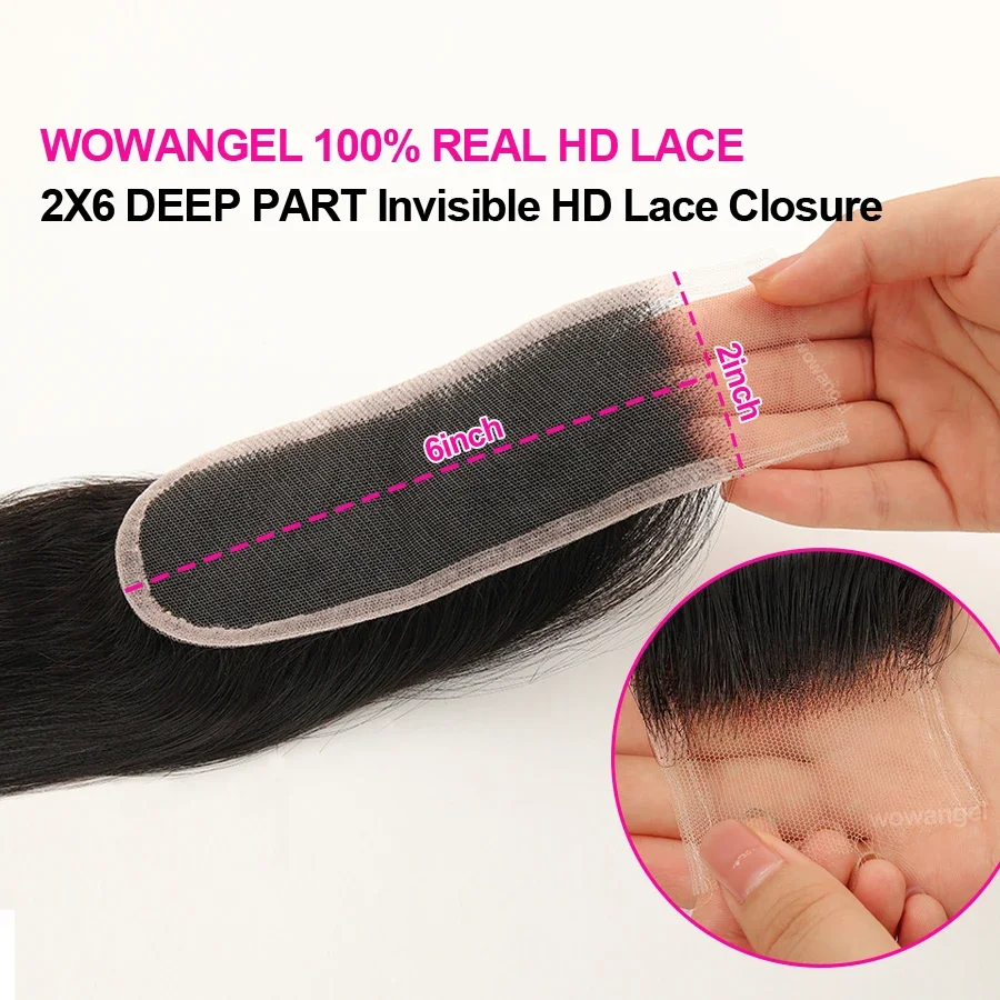 WOWANGEL 2x6 Diepe Scheiding HD Vetersluiting Frontaal Alleen Smelt Huid Steil Haar Kim K Sluiting Pre geplukt Maagd Haar Voor Vrouw - afbeelding 2
