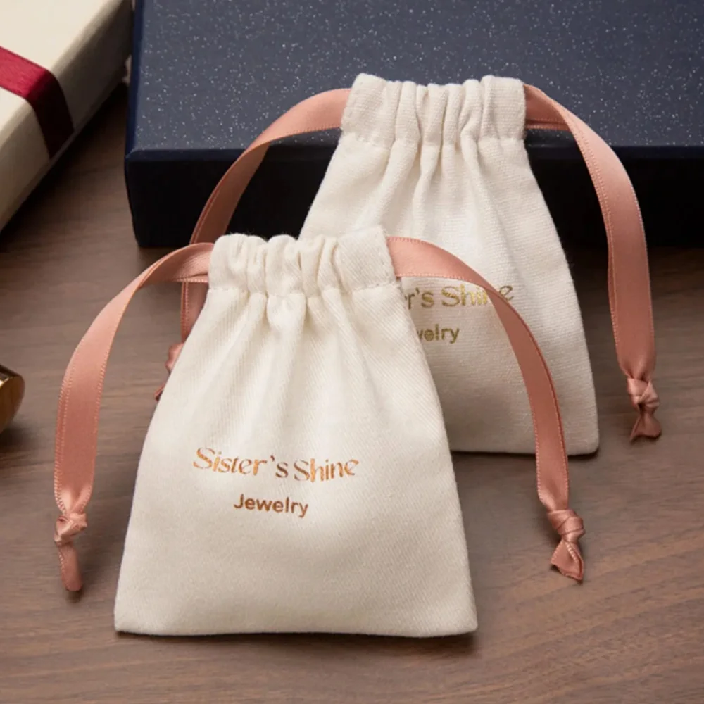 

50pcs Custom Logo Soft White Cotton Jewelry Drawstring Bag Printing Recyclable Packaging Jewellery Pouch for Bracelets Clothing