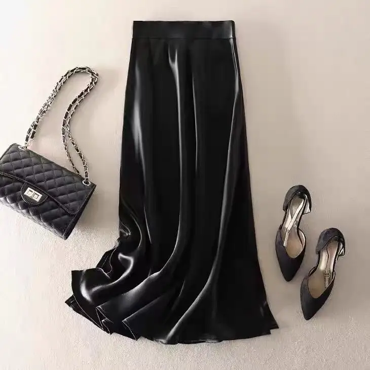 Satin glossy triacetic acid elastic elastic waist medium and long skirt solid color small A-shaped skirt