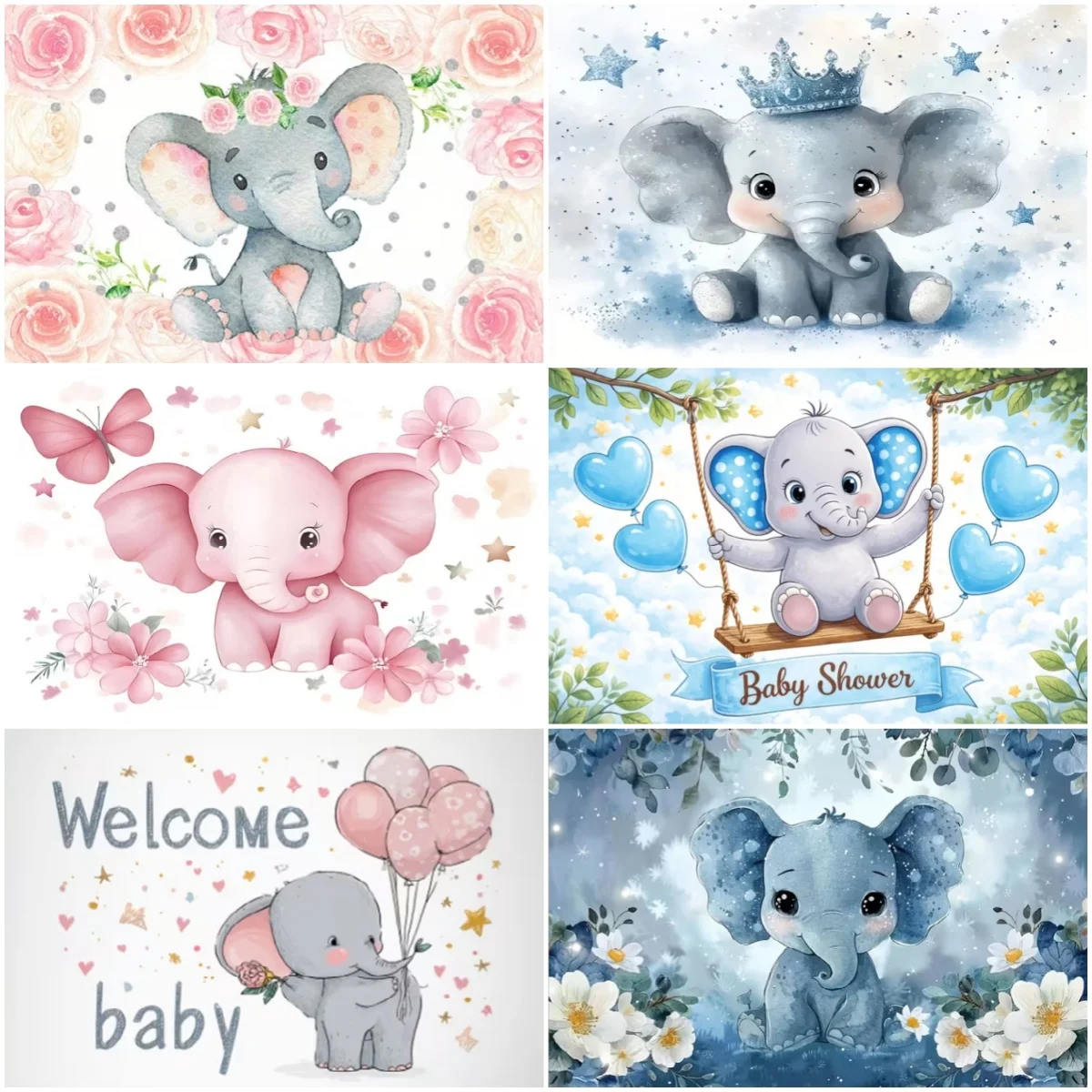 

Cartoon Pink Blue Elephant Baby Shower Backdrop Supplies Kid Birthday Party Decor Background Boy Girl Newborn Photo Shoot Props