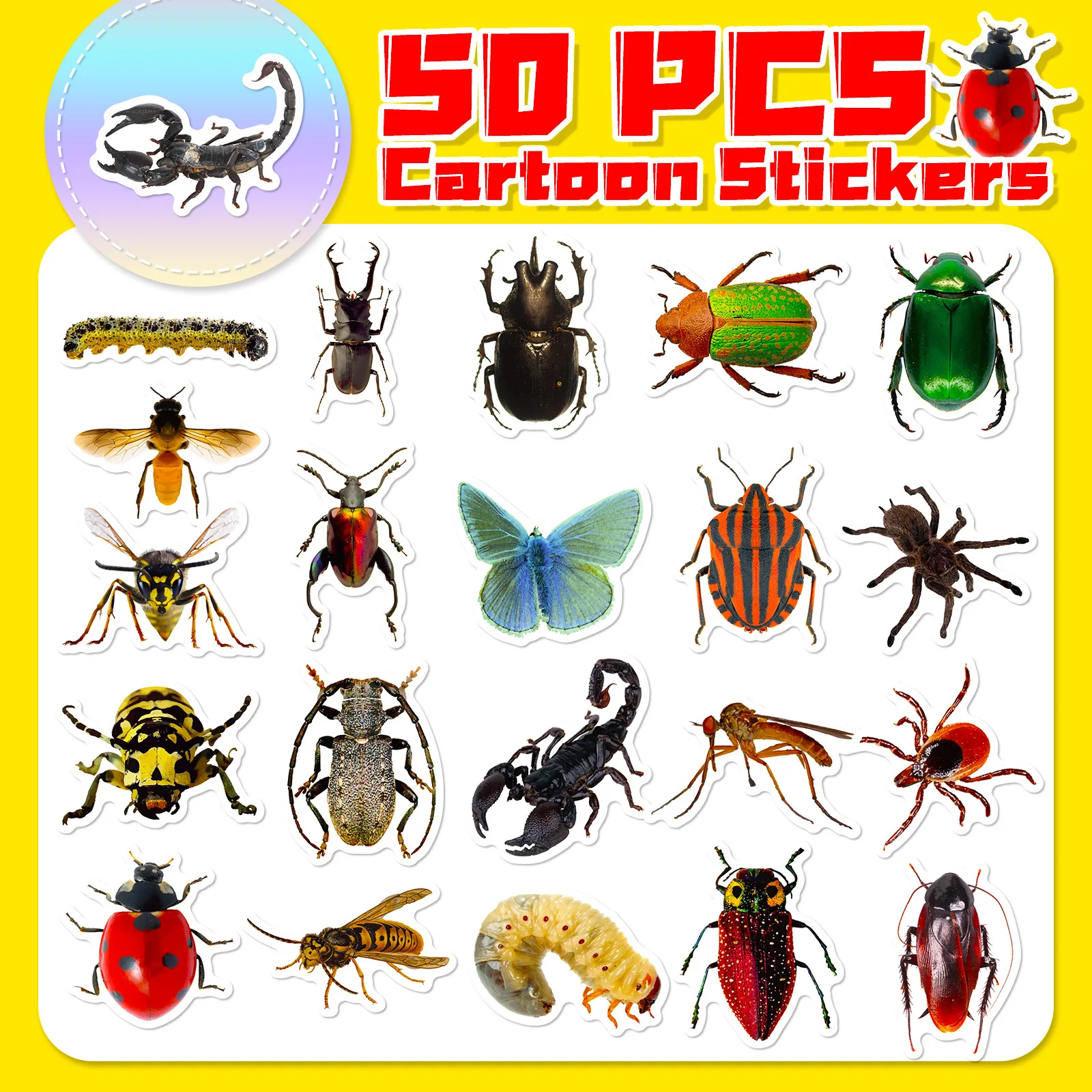 50pcs Realistic Insect Spider Lizard Realistic Insect Notepad Skateboard Luggage Waterproof Sticker