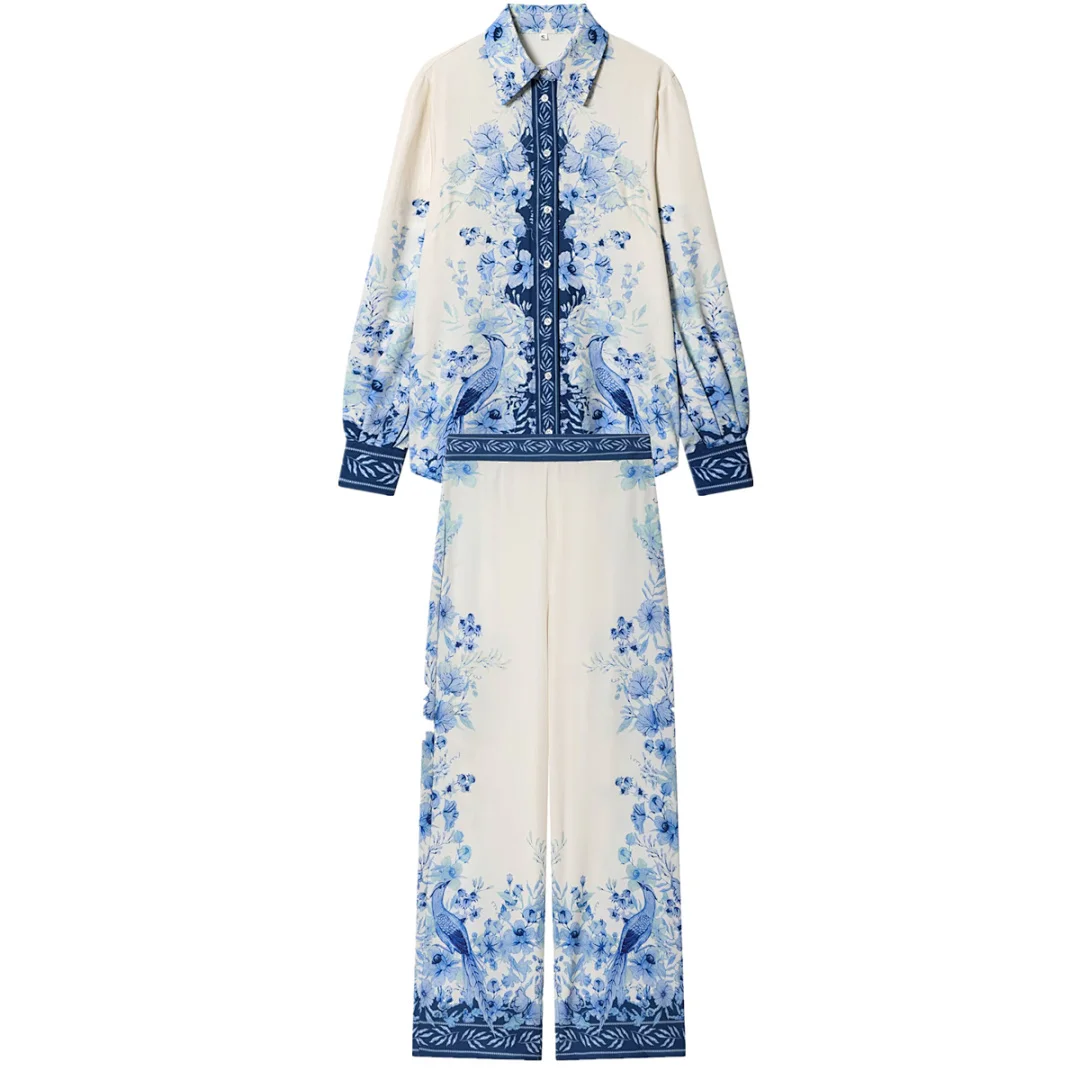 

Maxdutti French Countryside Style Paisley Print Chiffon Shirt Pants Woman Clothes Pant Sets Fashion Elegant Two Piece Set Women'