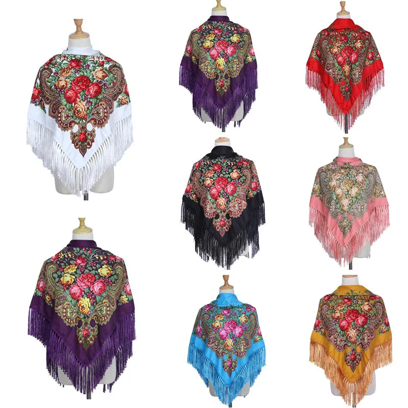 Retro Printed Scarf Winter Boho Shawl Autumn And Winter Warm Cotton Russian Women\'S Shawl Ethnic Style Tassel Scarf Shawl 1pc