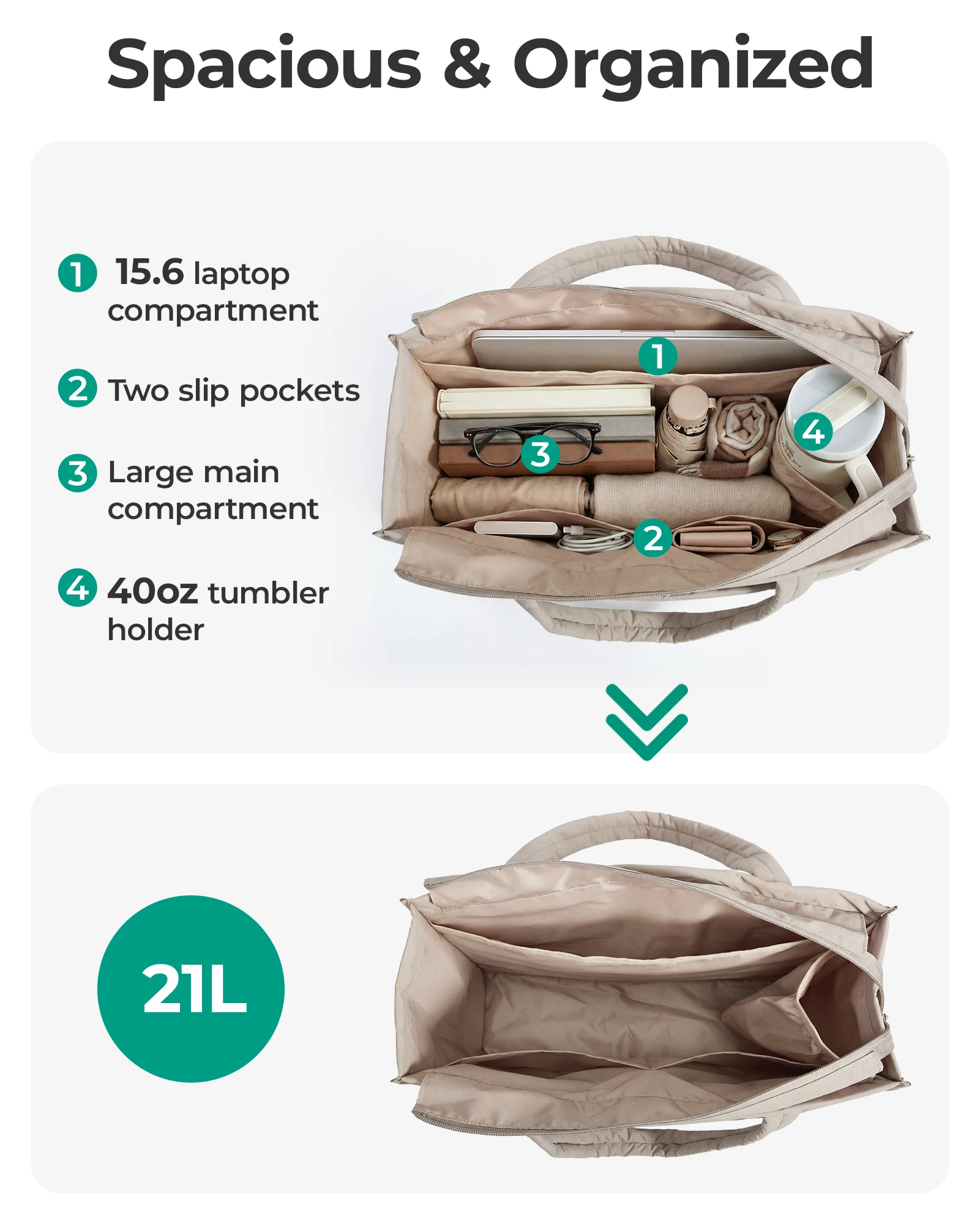BagSmart Puffer Tote Bags Lightweight Shoulder Handbag with Zipper Large Work Teacher Bag for Travel School Beach Women Quilted