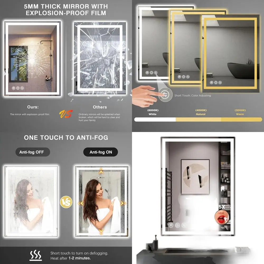 

LED-Illuminated 24x36 Anti-Fog Bathroom Mirror with Dimmable Light, 3 Color Modes, and Shatter-Resistant Surface