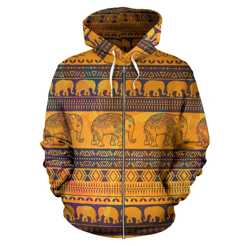 

Vintage Men's Sweatshirt 3D Elephant Graphic Print Zip Up Hoodies Oversized Men Clothing Harajuku Long Sleeve Pullovers Coat