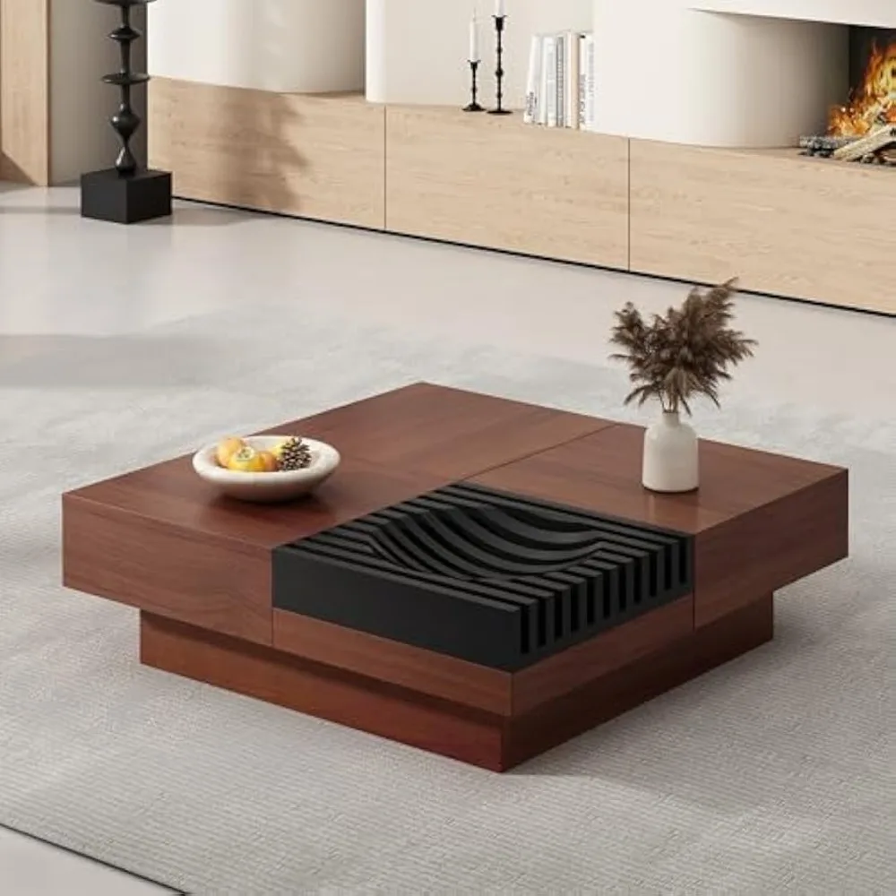 

Vintage Sturdy Acacia Wood Square Coffee Table with Sliding Top and Ample Storage, Featuring Natural Grain Patterns for Living R