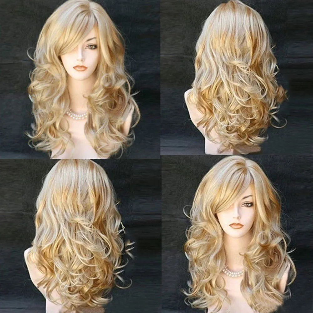 Water Wavy Synthetic Wigs Ombre Dark Root to White Blonde Curly Hair Wig with Side Bangs for Girls and Women Anime Cosplay Wig