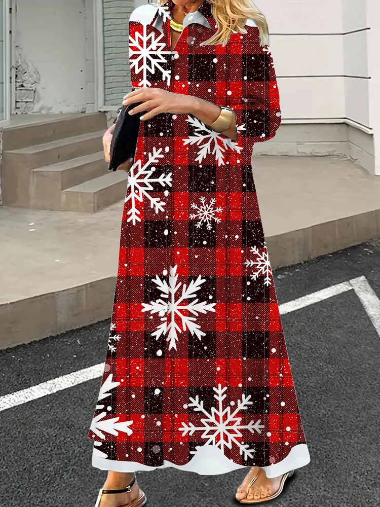 Christmas Plaid 3D Printed Long Sleeve Shirt Dress Elegant Retro Single-breasted Shirt Dress Long Sleeve Lapel Tunic Dress