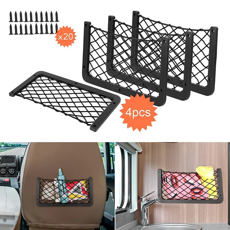 

New-Car Storage Net Bag Car Mesh Net Bag Holder Car Seat Mesh Pocket Framed Mesh Net Pocket With Screws Fit For Auto RV 4Pcs
