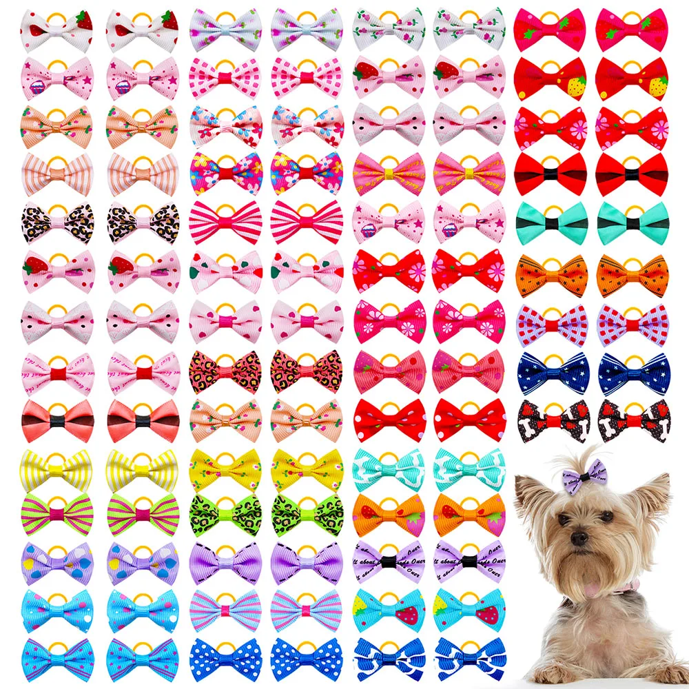 

100PCS Dog Bows New Mixed Colors Puppy Bows Pet Dog Supplies With Rubber Bands Handmade Pet Grooming Accessories For Dogs