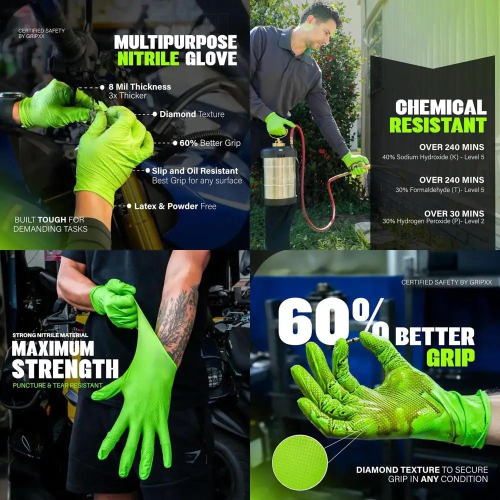 

Прочные нитриловые перчатки 8 мил зеленого цвета с 3D-алмазной текстурой – без латекса и пудры, для промышленного и механического применения | Оптовая упаковка