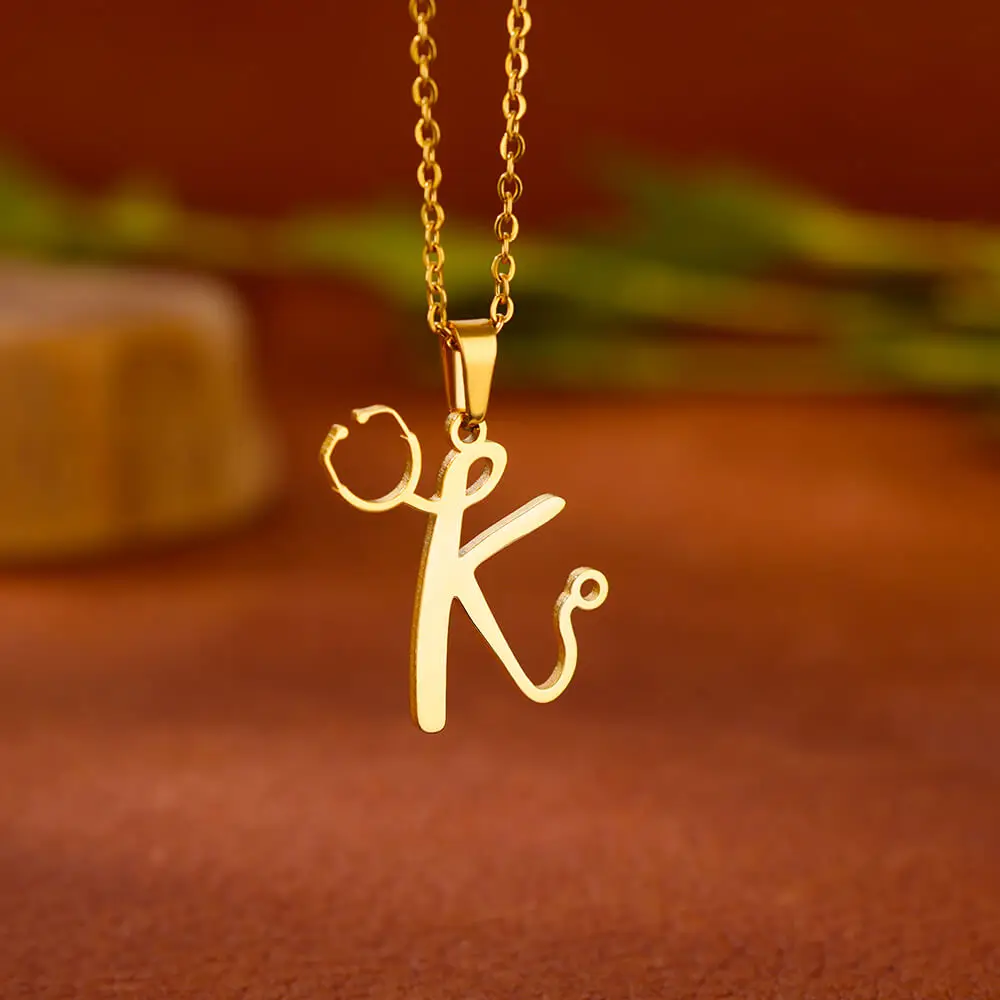 Stethoscope Stainless Steel Initial Letter Necklace For Women Gold Color Necklace Medical Graduation Jewelry Doctor Nurse Gift view 3