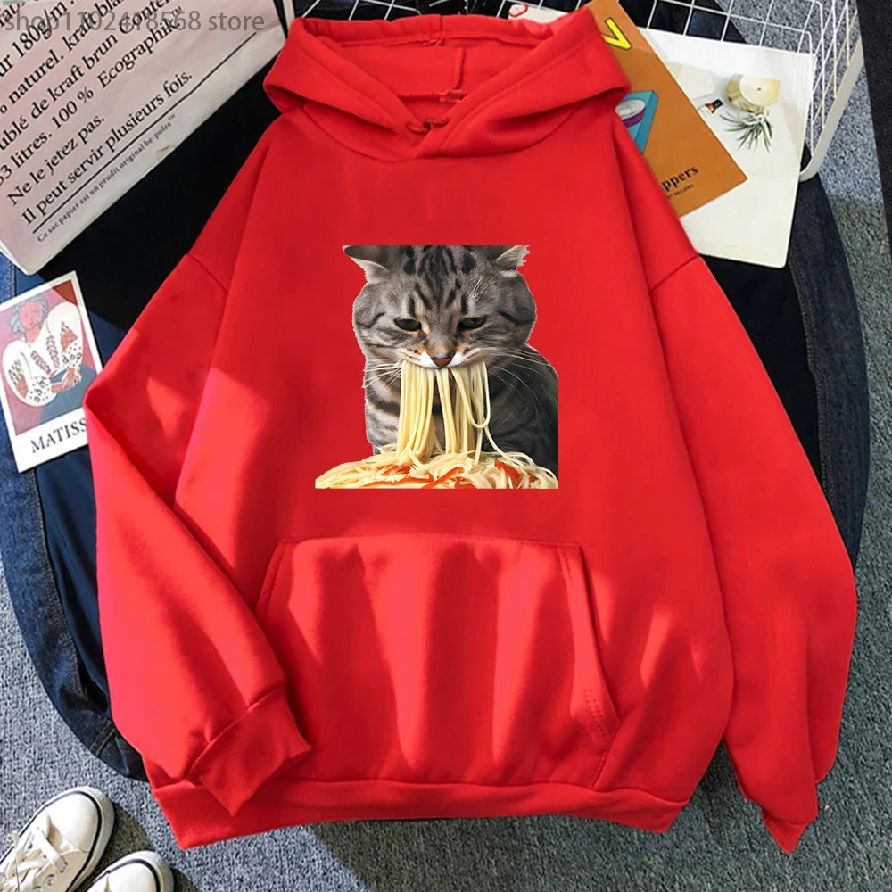 Cat Eating Spaghetti Hoodies Women Cute Graphic Sweatshirt  Y2k Clothes Harajuku Tops Kawaii Girls Streetwear Men Print Pullover