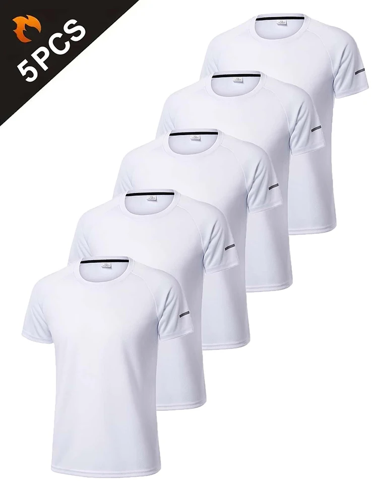 5 PCS Men's Casual Breathable Loose T-shirt, Crew Neck Short-Sleeve Top For Outdoor Gym Running,Quick-drying Sportswear