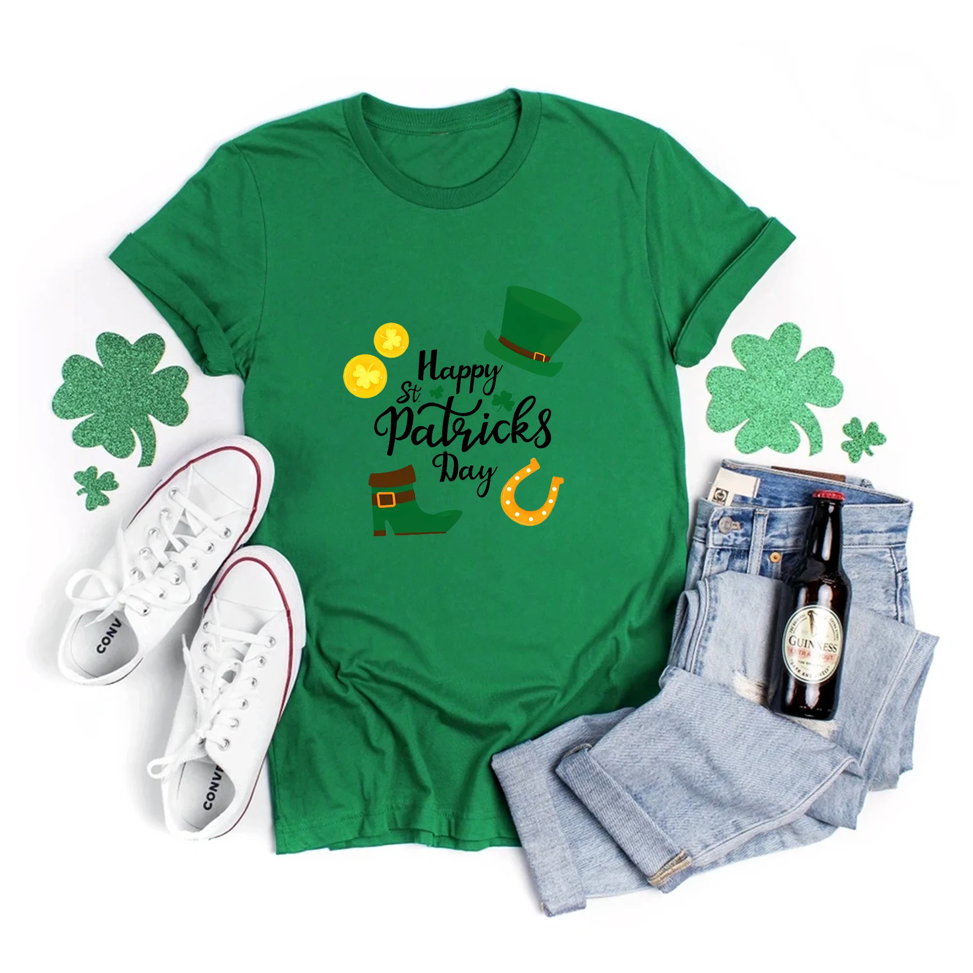 Summer Women's Oversized Tee Korean Funny Casual Green Leaf Print Graphic Female Clothes Tops Basic St Patricks Day T Shirts