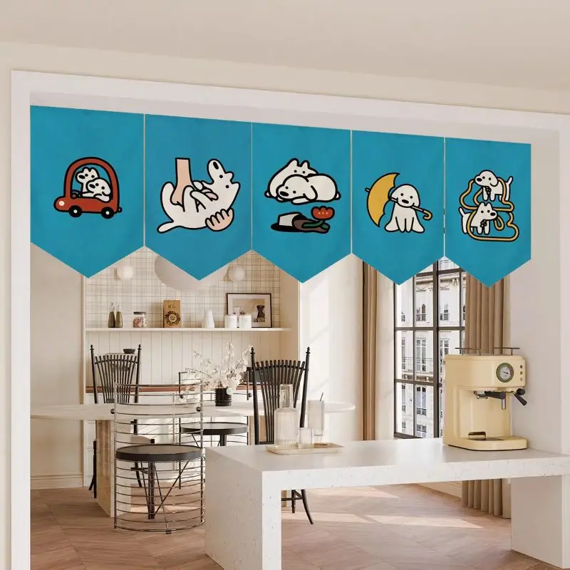 Simple Line Cartoon Puppy Triangle Flag Curtain, Pet Themed Cafe Kitchen Door Decoration Home Decor