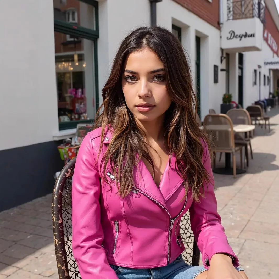 Women's Slim Fit Retro Rose Red Leather Jacket Street Style Synthetic Zipper Jacket New Arrivals