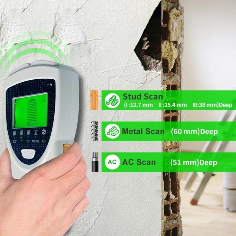 Detektor elektronik R9UF 5 in 1 Wall Scanner untuk kayu AC kawat logam studs Deteksi pemindaian dinding dengan layar