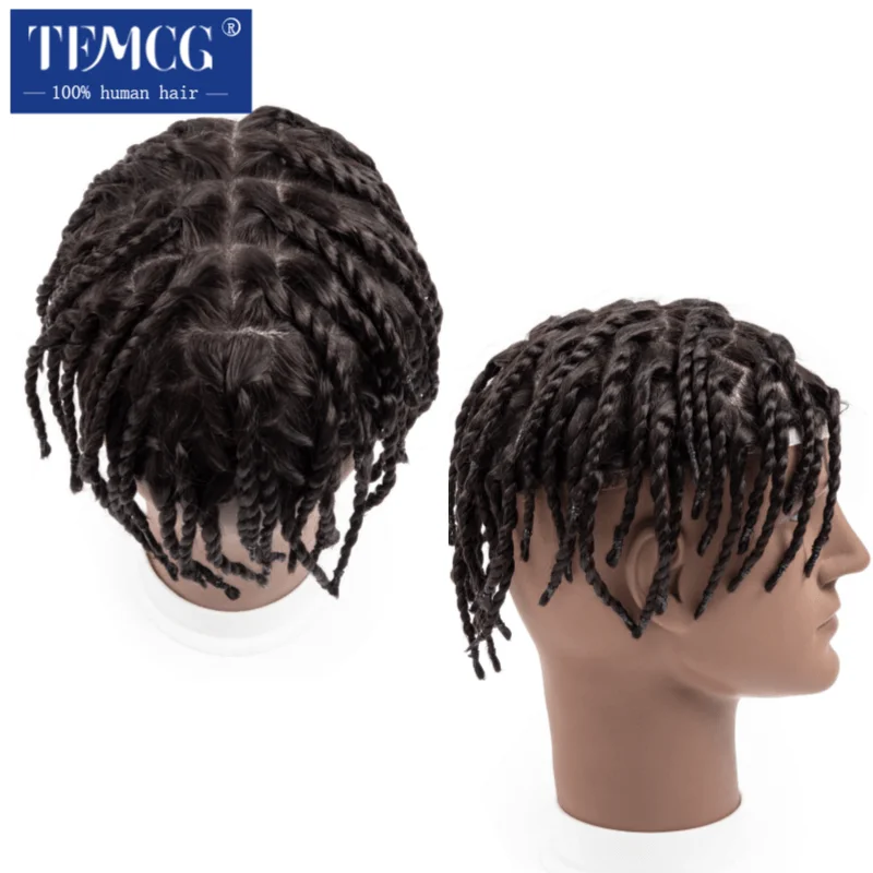 Heren Capillaire Prothese Twist Gehaakte Vlechten Dubbele Knoop 0.08Mm Pu Basis Afro Toupee Voor Zwarte Mannen Pruiken Voor Mannen 100% Mensenhaar