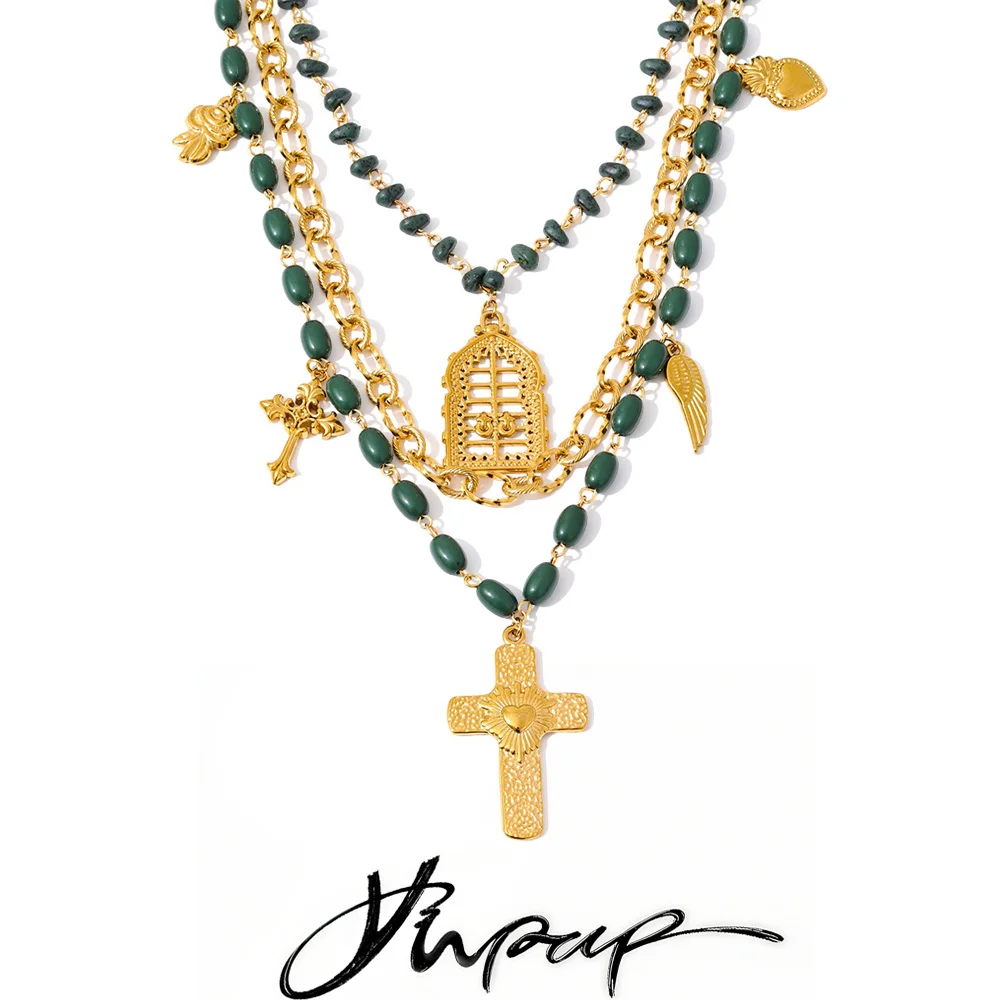 Yhpup Acrylic Green Beads Chain Layered Cross Drop Charm Stacking Necklace Stainless Steel Handmade Overlay Fashion Jewelry Gift