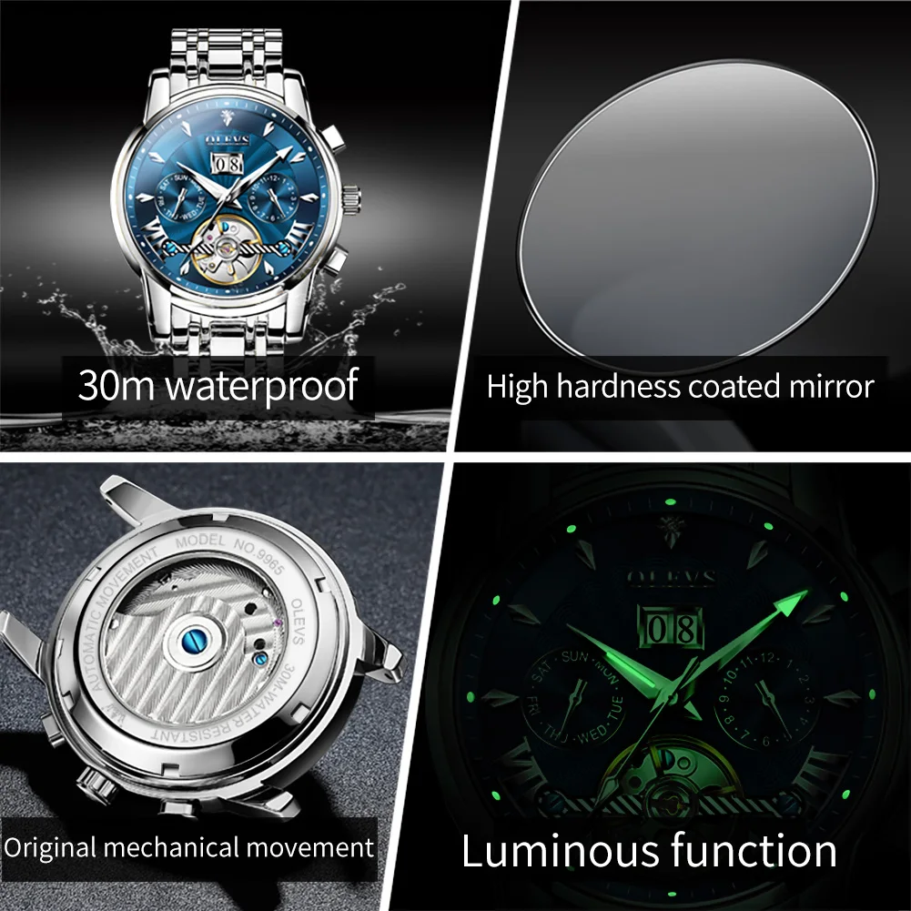 OLEVS Luxury Brand Automatic Mechanical Watch for Men Multifunctional Date Luminous Waterproof Stainless steel Skeleton Flywheel