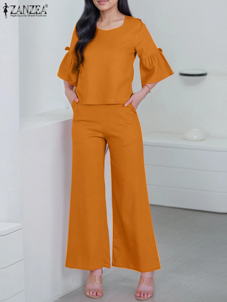 

ZANZEA 2025 Fashion Summer Women Pant Sets Square Collar Flare Sleeve Solid Tops and Long Pants Vintage Casual Two-piece Outfits