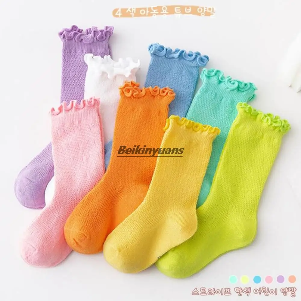 Girls socks spring and summer combed cotton mesh socks wood ear socks tide solid color baby piles of children socks